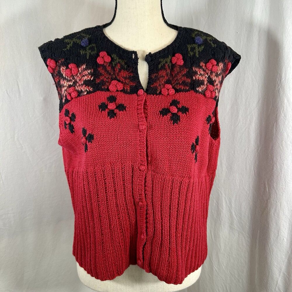 Vintage 90s Ciel Bleu Handknit Sweater Vest Red Black Cottagecore Boho Size M